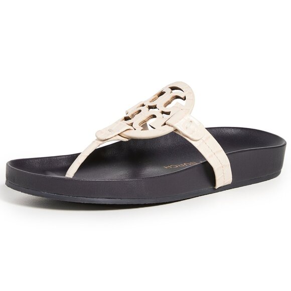 NIB Tory Burch Miller Cloud Leather Thong Sandal Cream Navy US 8 100% AUTHENTIC